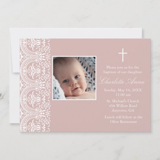 Faire invitation de baptême rose plum et damas bla (Devant)
