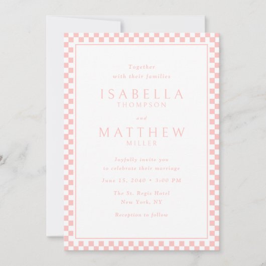 Faire invitation de mariage à cadre à damier rose (Devant)