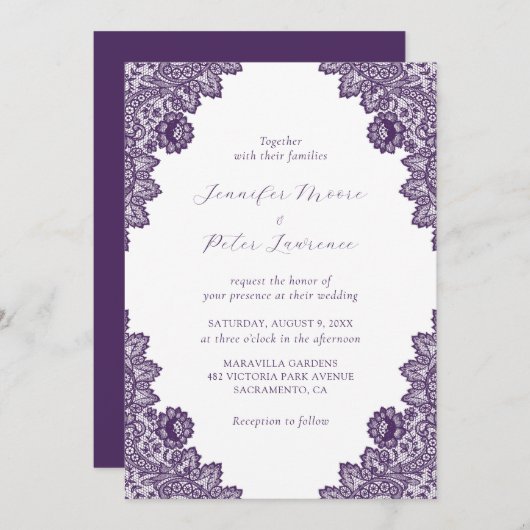 Faire invitation de mariage à dentelle violette (Devant / Derrière)
