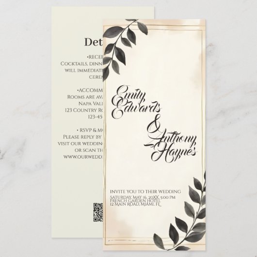 Faire invitation de mariage à feuille vert foncé (Devant / Derrière)