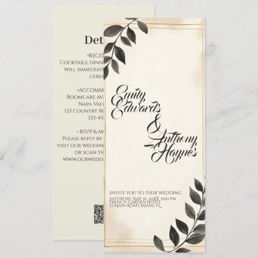Faire invitation de mariage à feuille vert foncé (Devant / Derrière)