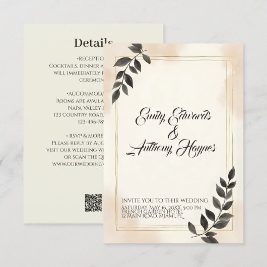 Faire invitation de mariage à feuille verte foncée (Devant / Derrière)