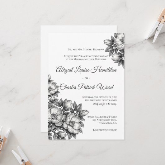 Faire invitation de mariage à la fleur de magnolia (Devant/Arrière en situation)