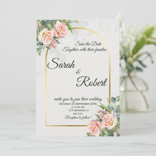 Faire invitation de mariage à l'arche florale rose (Debout devant)