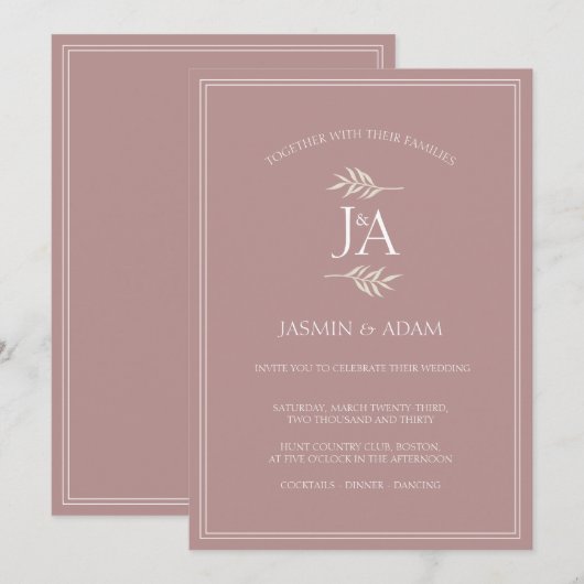 Faire invitation de mariage à monogramme rose pous (Devant / Derrière)