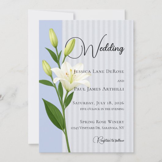 Faire invitation de mariage au lys blanc rayé de b (Devant)