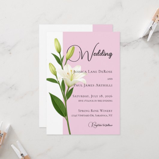 Faire invitation de mariage au lys blanc rose tend (Devant/Arrière en situation)