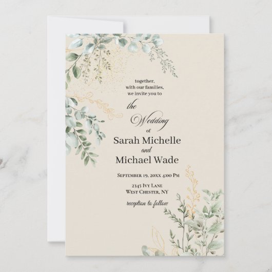 Faire invitation de mariage beige et verdure éléga (Devant)