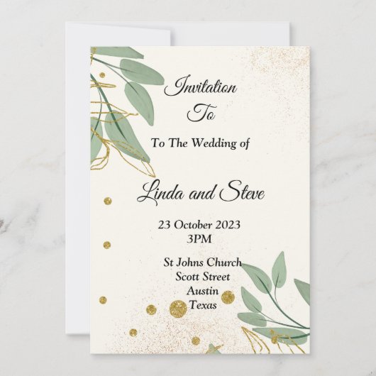 Faire invitation de mariage, beige vert or (Devant)