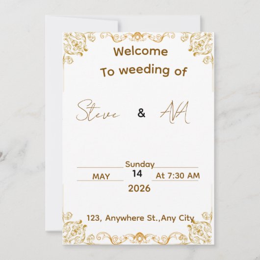 Faire invitation de mariage blanc et or (Devant)