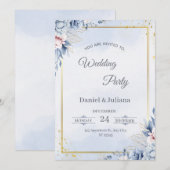 Faire invitation de mariage bleu et or (Devant / Derrière)