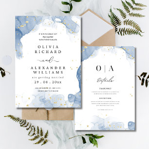 Faire invitation de mariage bleu et or minimaliste