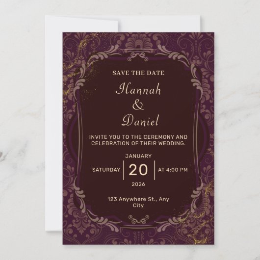 Faire invitation de mariage bordeaux et or (Devant)