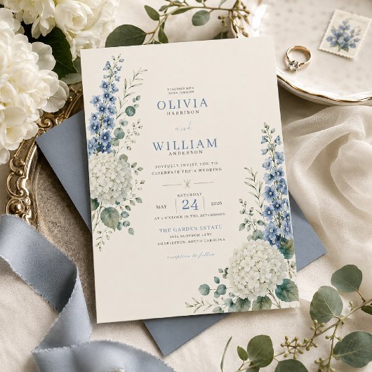 Faire invitation de mariage botanique bleu doux