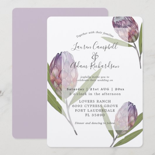 Faire invitation de mariage botanique protea viole (Devant / Derrière)