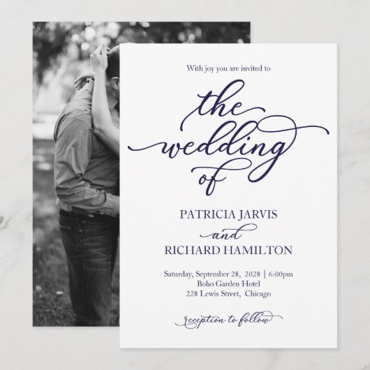 Faire invitation de mariage calligraphié bleu mari (Devant / Derrière)
