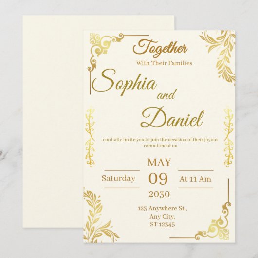 Faire invitation de mariage crème et or (Devant / Derrière)