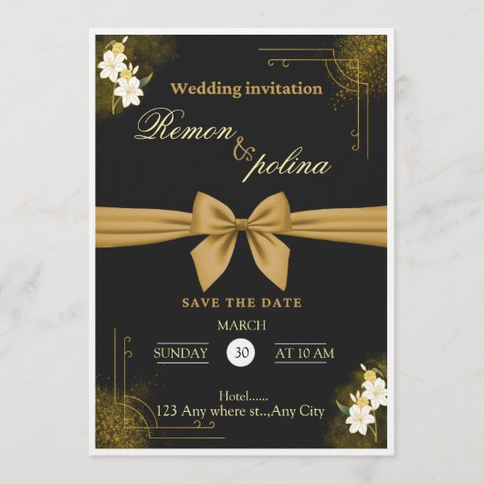Faire invitation de mariage de luxe noir et or (Devant)