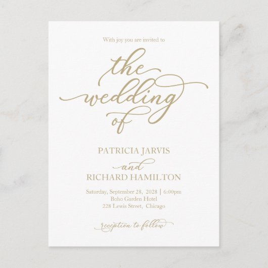 Faire invitation de mariage en calligraphie dorée (Devant)