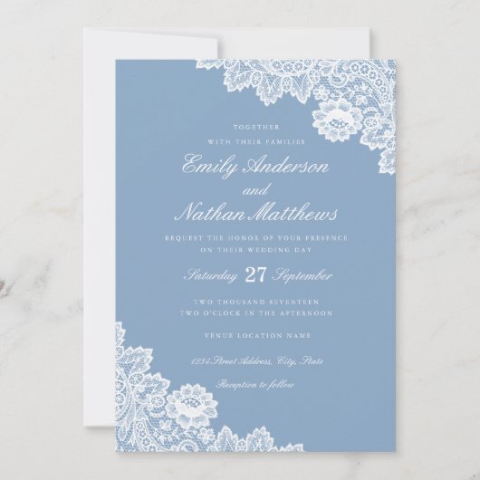 Faire invitation de mariage en dentelle bleue poud (Devant)