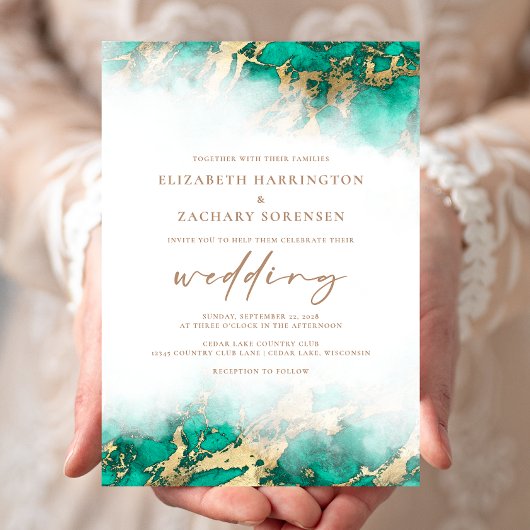 Faire invitation de mariage en marbre sarcelle ver