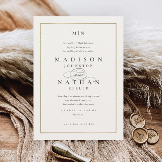 Faire invitation de mariage en or à monogramme