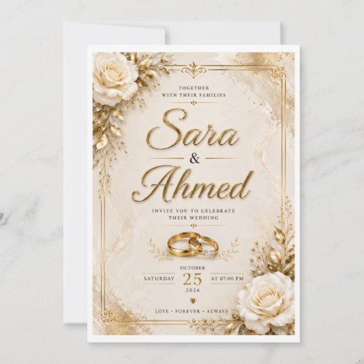 Faire invitation de mariage en or | Fleur classiqu (Devant)