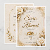 Faire invitation de mariage en or | Fleur classiqu (Devant / Derrière)