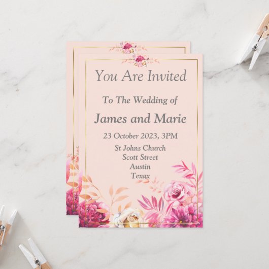 Faire invitation de mariage, fleurs roses (Devant/Arrière en situation)