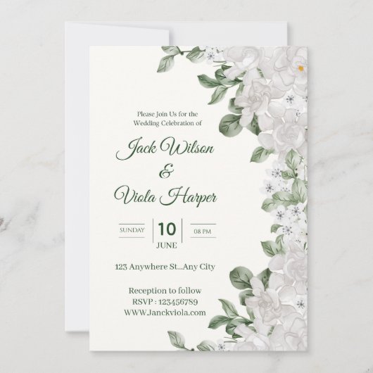 Faire invitation de mariage floral – Blanc & Vert (Devant)