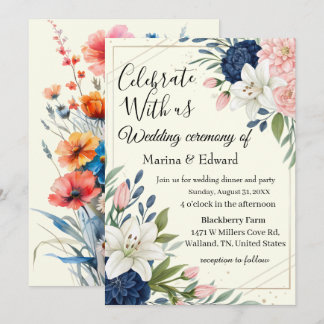 Faire invitation de mariage floral marine et rose 