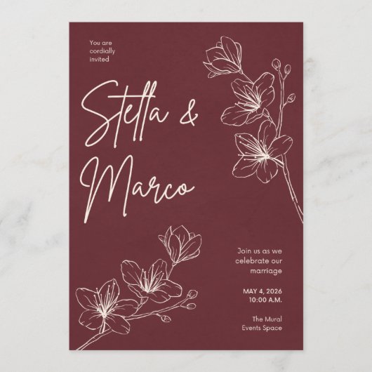 Faire invitation de mariage floral – Marron profon (Devant)