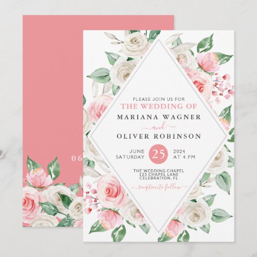 Faire invitation de mariage floral rose pêche pâle (Devant / Derrière)