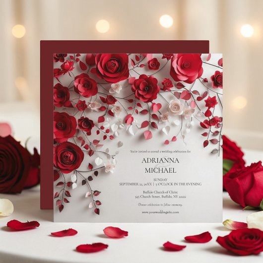 Faire invitation de mariage floral rose rouge élég