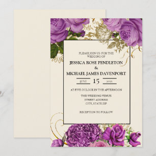 Faire invitation de mariage floral violet or et iv