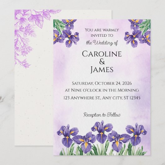 Faire invitation de mariage florale aquarelle Iris (Devant / Derrière)