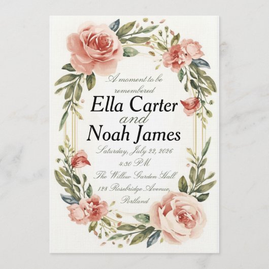 Faire invitation de mariage florale aux tons roses (Devant)