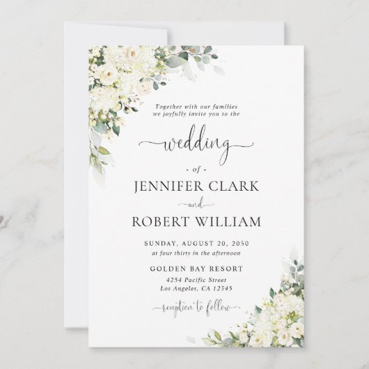 Faire invitation de mariage florale blanche élégan (Devant)