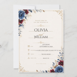 Faire invitation de mariage florale bleu marine et