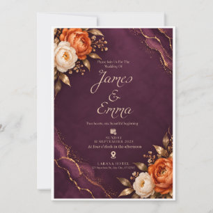 Faire invitation de mariage florale bordeaux or