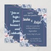Faire invitation de mariage florale en bleu et ros (Devant / Derrière)