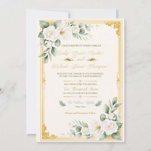 Faire invitation de mariage florale en or (Devant)