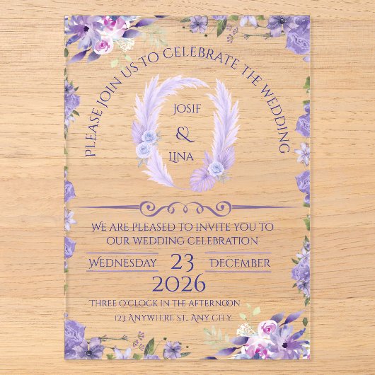 Faire invitation de mariage florale lavande (Recto)
