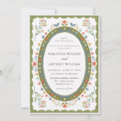 Faire invitation de mariage florale oiseaux folklo (Devant)