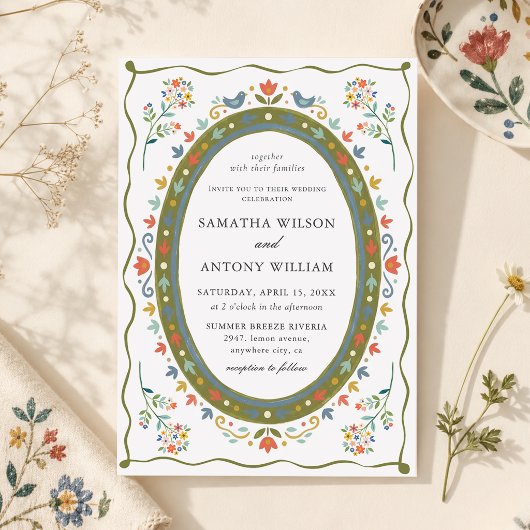 Faire invitation de mariage florale oiseaux folklo