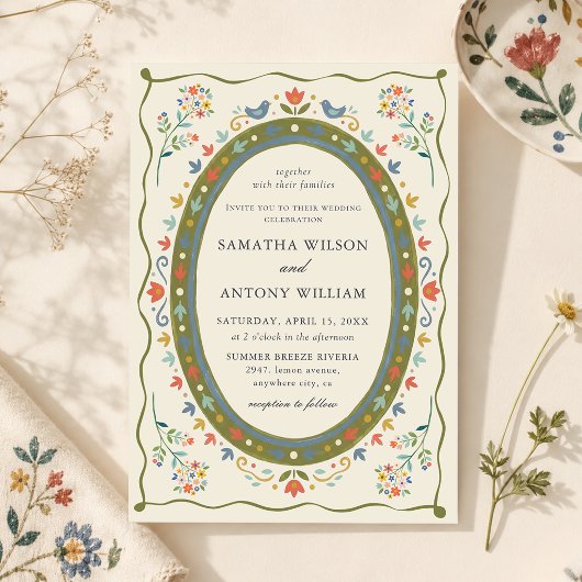 Faire invitation de mariage florale oiseaux folklo
