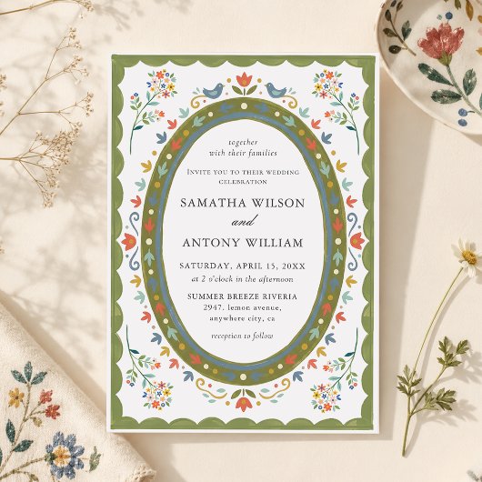 Faire invitation de mariage florale oiseaux folklo