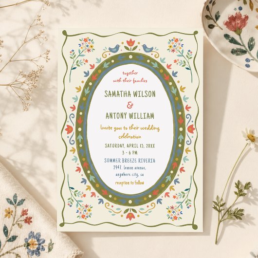 Faire invitation de mariage florale oiseaux folklo