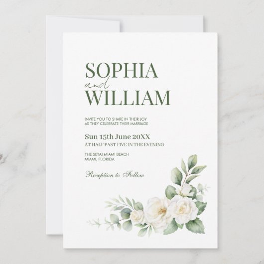 Faire invitation de mariage florale Rose Blanche É (Devant)