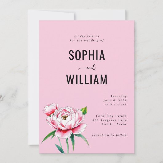 Faire invitation de mariage florale rose romantiqu (Devant)